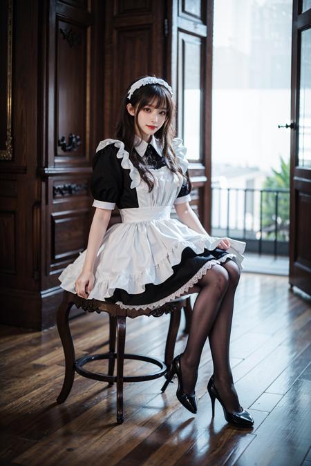 00034-1275221523-best quality, quality, masterpiece, photorealistic,sitting, 1girl, solo, full body, maid attire, black pantyhose, high heels, de.png